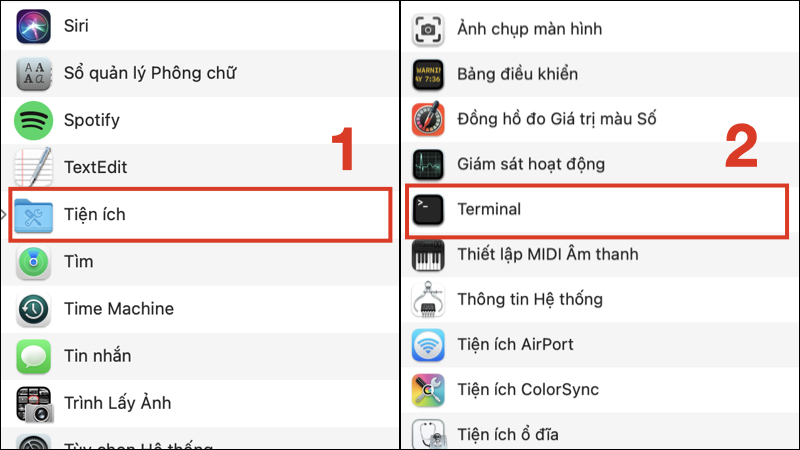 Mở ứng dụng Terminal trong Tiện ích