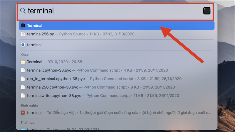 Sử dụng Spotlight để mở Terminal
