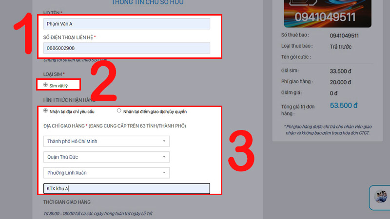 Điền thông tin cá nhân và thông tin giao hàng