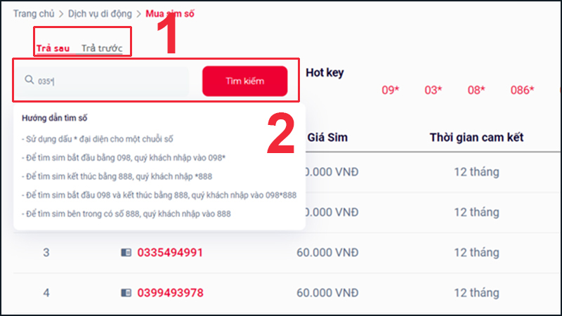 Nhấn Tìm kiếm để tìm đầu số bạn muốn mua