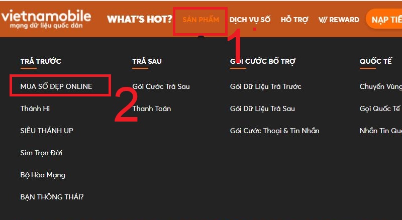 Chọn Mua số đẹp online trong menu Sản phẩm