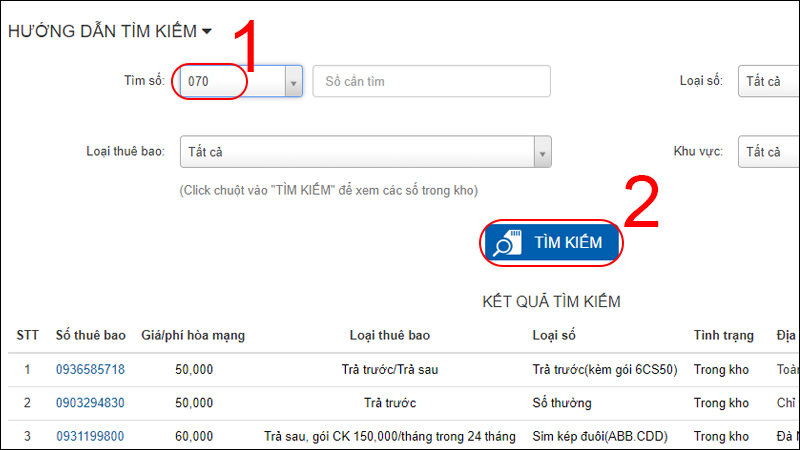 Chọn đầu số 070 tại mục Tìm số, nhấn Tìm kiếm
