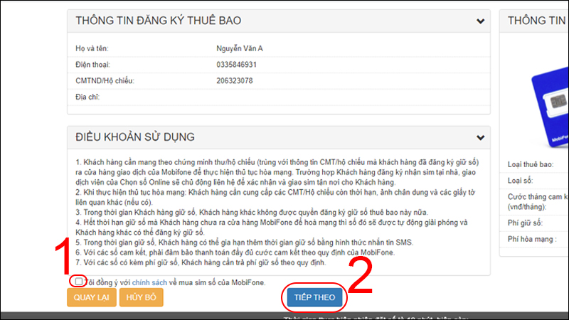Tick chọn Tôi đồng ý với chính sách về mua sim số của MobiFone và chọn Tiếp theo