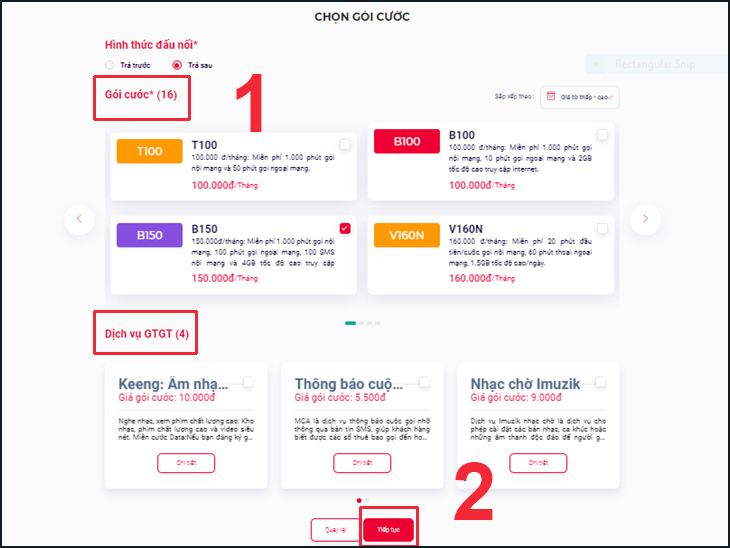 Nhấn Tiếp tục sau khi chọn Gói cước