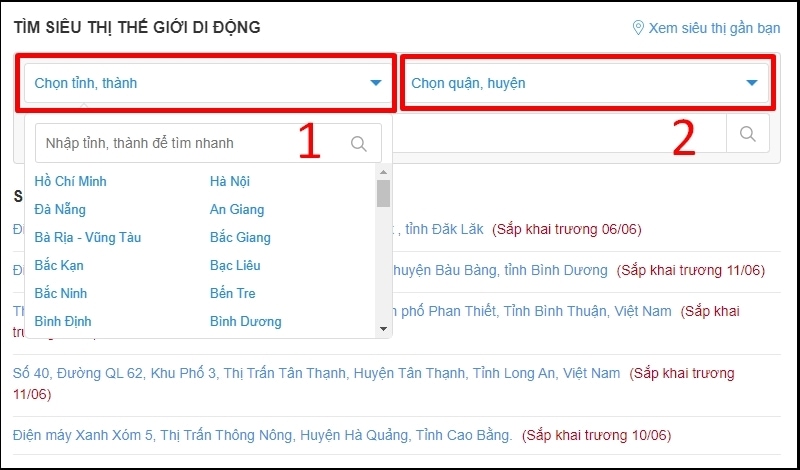 Chọn tỉnh thành và chọn quận huyện để kiểm tra cửa hàng Thế Giới Di Động