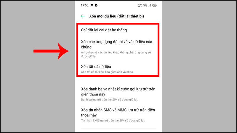Chọn cách khôi phục cài đặt gốc mà bạn muốn