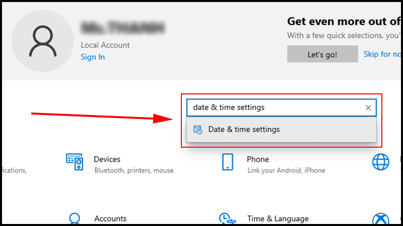 Điều chỉnh ngày, giờ tại Date & time settings