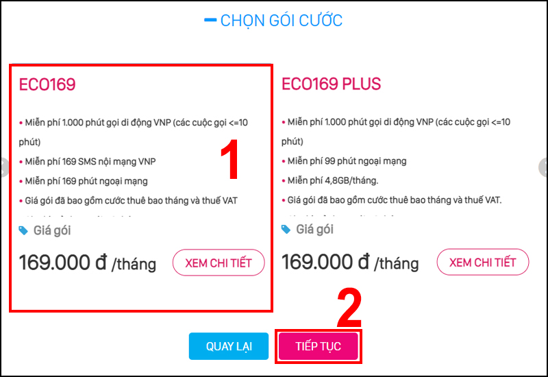 Chọn gói cước cho SIM và nhấn TIẾP TỤC