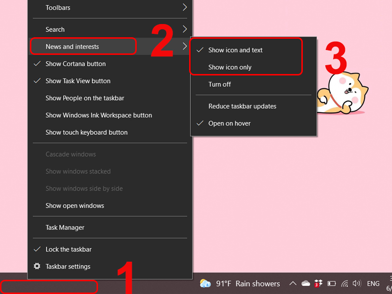 Thao tác bật trực tiếp trên thanh Taskbar
