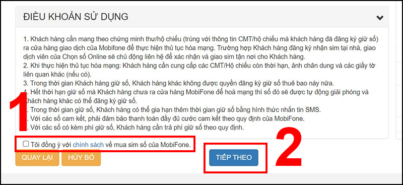 Nhấn tick vào nút Tôi đồng ý với chính sách về mua SIM số của MobiFone