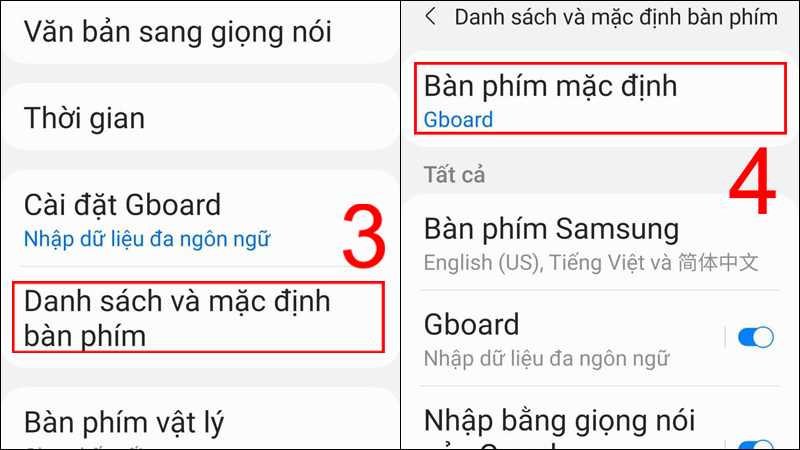 Vào Danh sách và mặc định bàn phím, chọn Bàn phím mặc định là Gboard