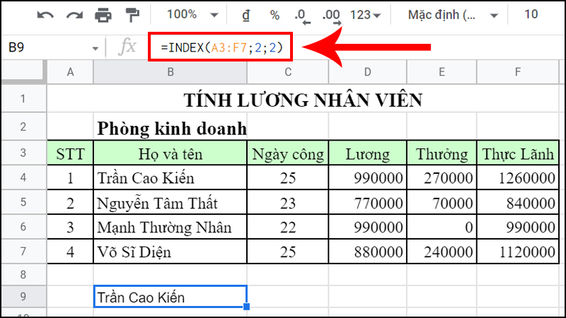 Hàm INDEX lấy các giá trị tại một ô nào đó giao giữa cột và dòng