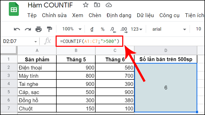 Dùng hàm COUNTIF đếm số lần sản phẩm bán ra đạt số lượng lớn hơn 500 sản phẩm