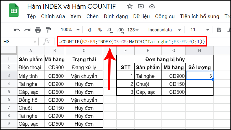 Tính tổng số lượng đơn hàng tai nghe bị hủy