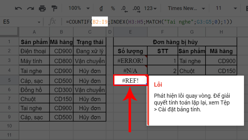 Lỗi #REF do nhập sai vùng dữ liệu đếm