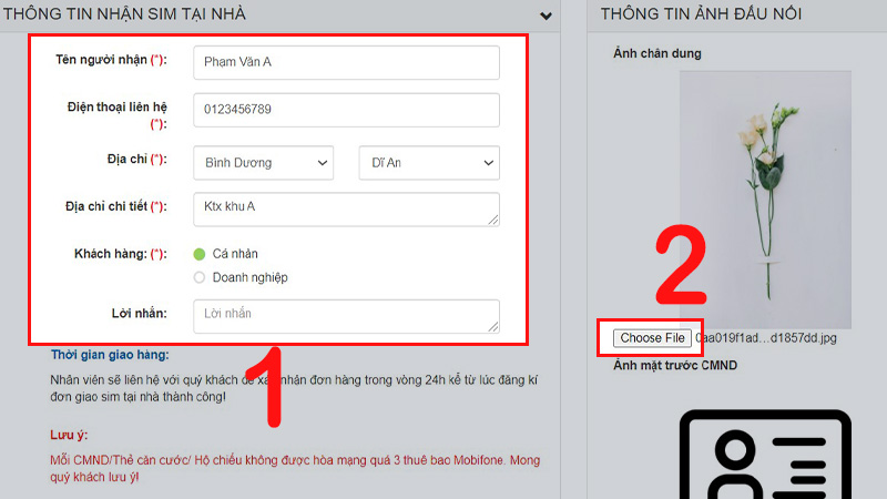 Nhập thông tin để nhận SIM tại nhà và tải ảnh chân dung