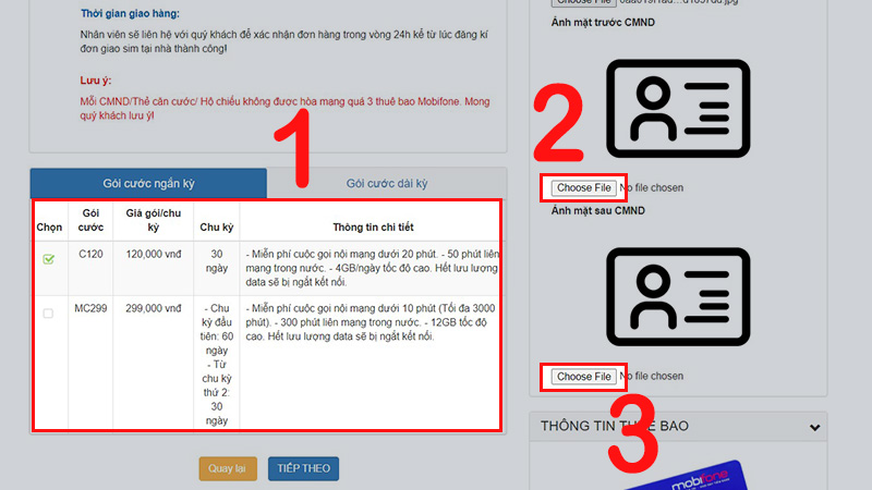 Chọn gói cước và đưa ảnh CMND mặt trước, mặt sau lên