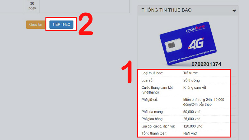 Kiểm tra thông tin thuê bao và nhấn TIẾP THEO