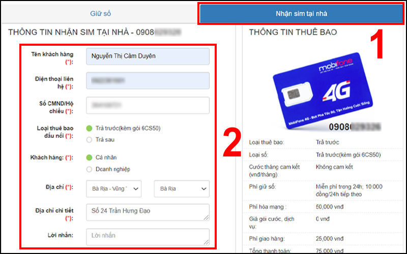 Chọn tab Nhận sim tại nhà và nhập thông tin đăng ký SIM gồm họ tên, số điện thoại, số CMND,...