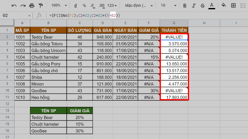 Lỗi #VALUE