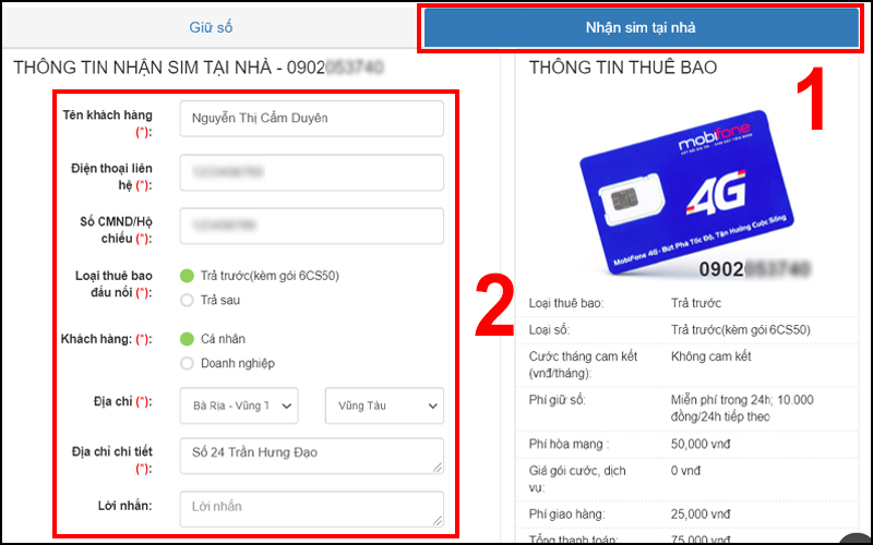 Chọn tab Nhận sim tại nhà để nhập thông tin và mua SIM trực tuyến