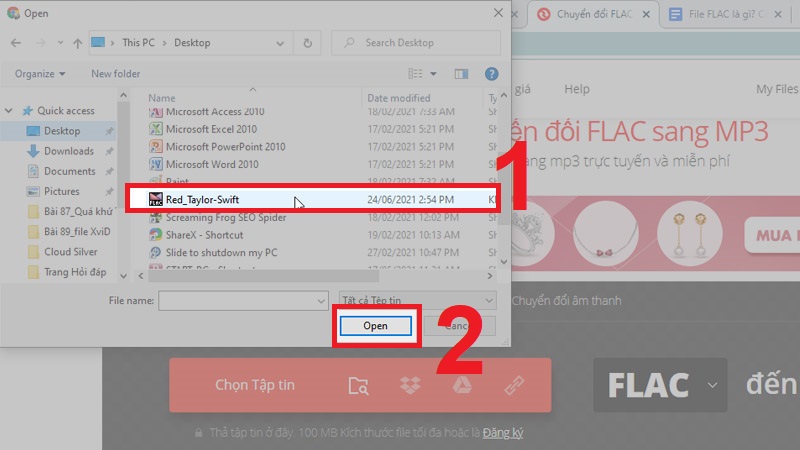 Chọn file FLAC cần chuyển đổi và bấm Open