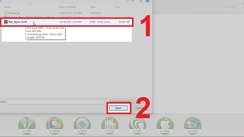 Chọn file FLAC từ máy tính và bấm Open