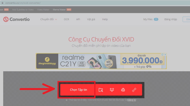 Bấm vào Chọn tập tin trên website Convertio.co