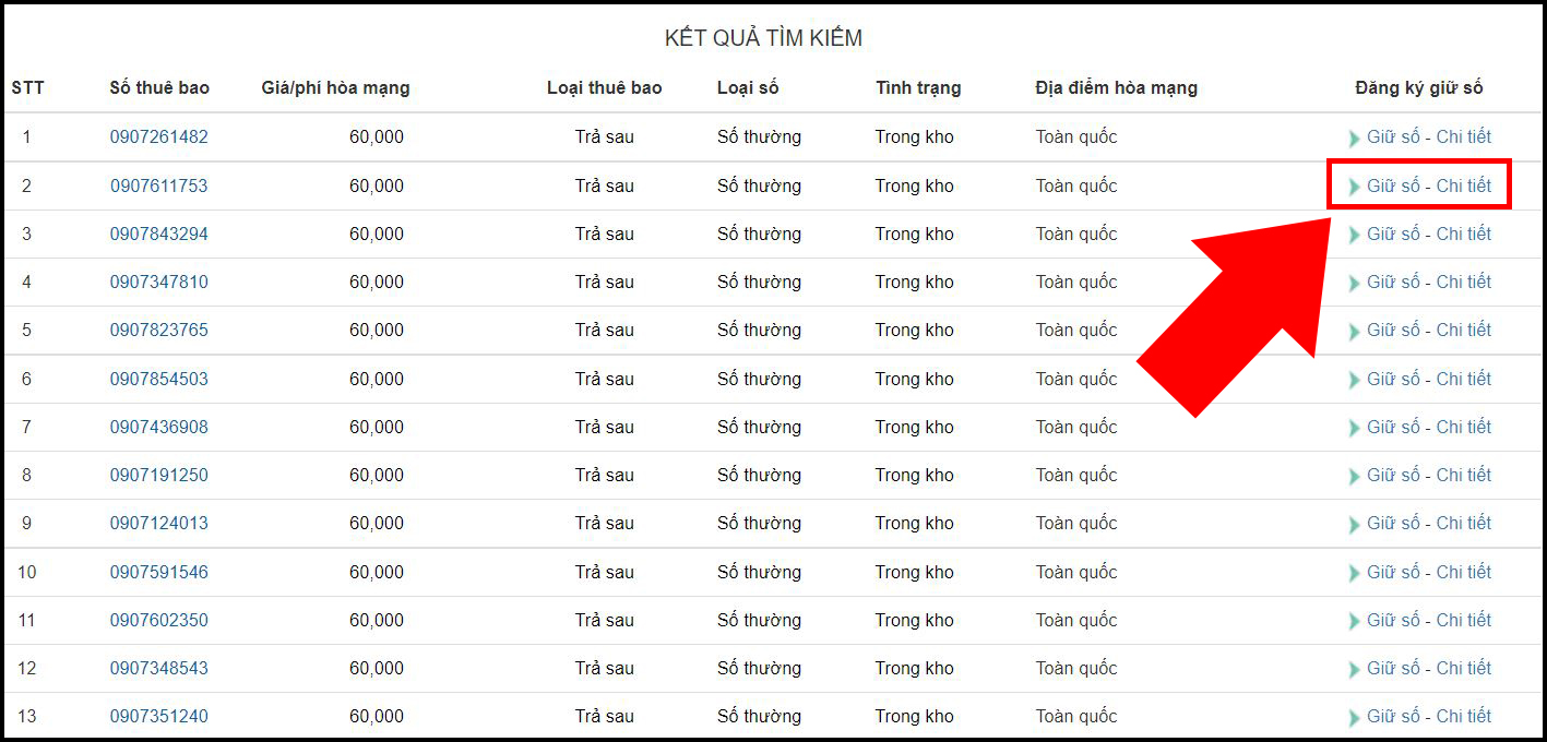 Bấm chọn Giữ số - Chi tiết khi bạn chọn được số ưng ý.