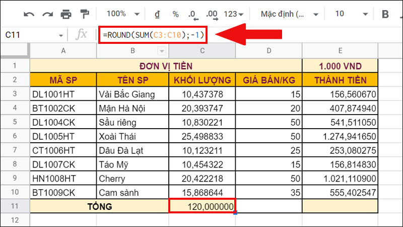 Tính tổng khối lượng các sản phẩm và làm tròn đến bội số gần nhất của 10