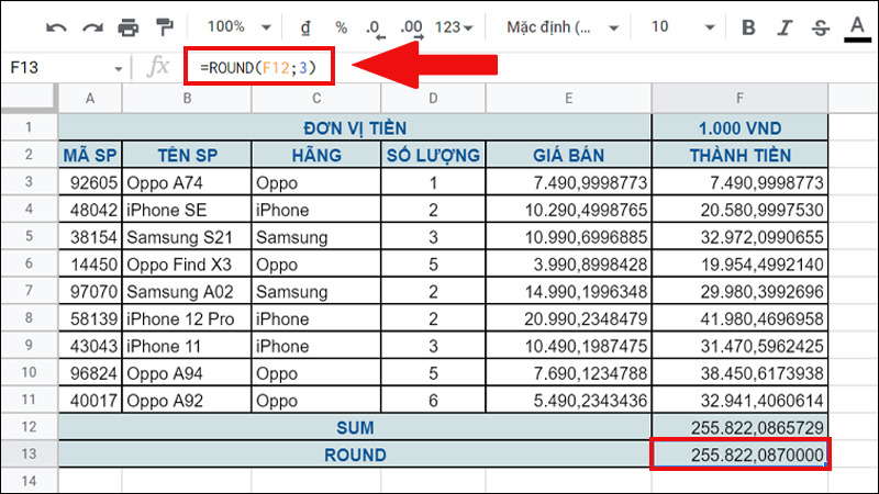 Ví dụ minh họa hàm ROUND