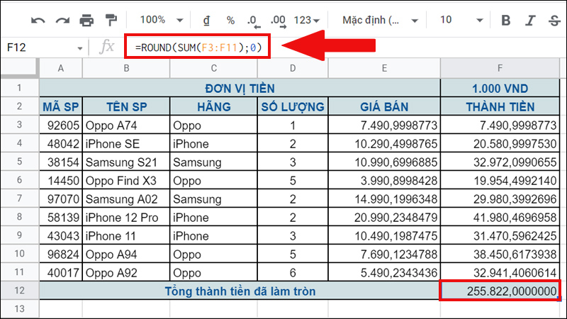 Kết hợp hàm SUM và ROUND