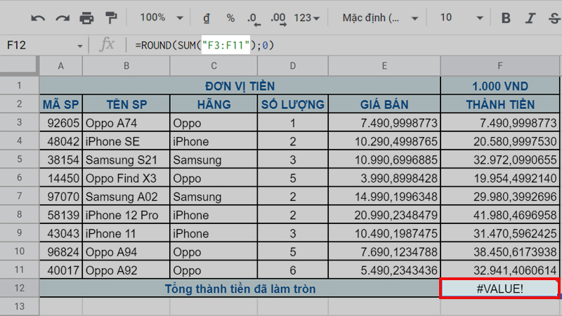 Lỗi #VALUE