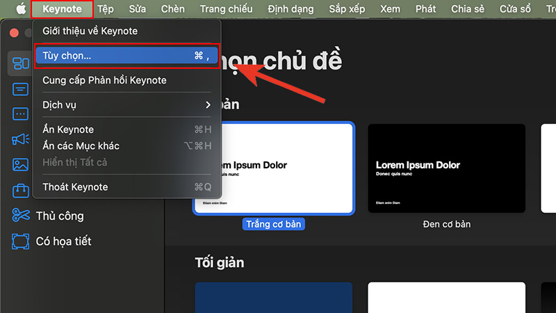 Chọn Keynote sau đó nhấn Tuỳ chọn