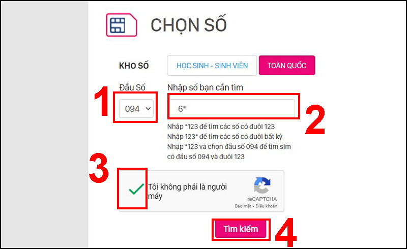 Nhập 094 và 6*, nhấn Tìm kiếm để tiếp tục