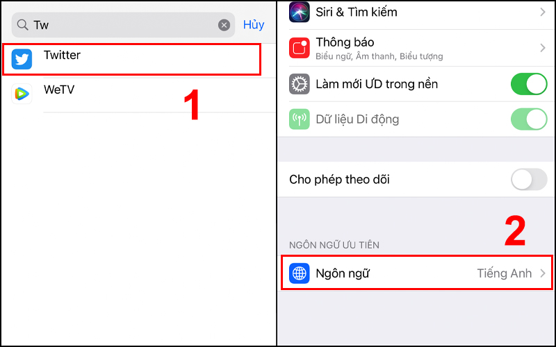 Chuyển đổi ngôn ngữ Twitter trong Cài đặt của máy 