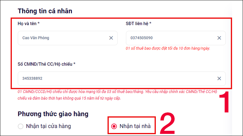 Nhập thông tin cá nhân và chọn phương thức giao hàng