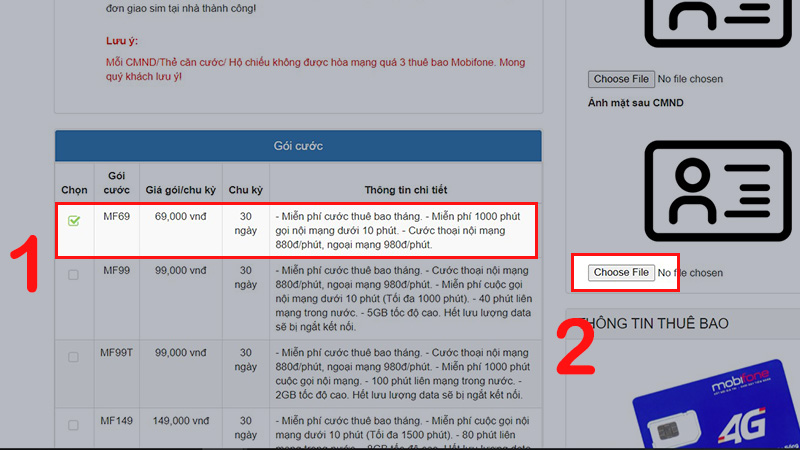 Tải ảnh mặt sau CMND và chọn gói cước