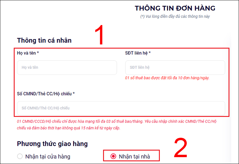 Nhập đầy đủ thông cá nhân và phương thức giao hàng