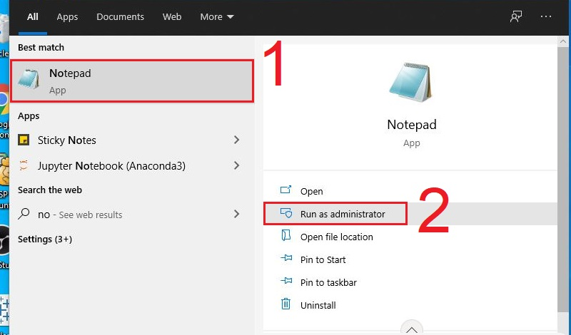 Chọn Run as administrator để mở Notepad bằng quyền admin