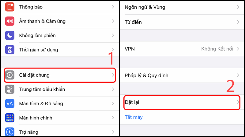 Truy cập vào mục Đặt lại trong phần Cài đặt chung của iPhone