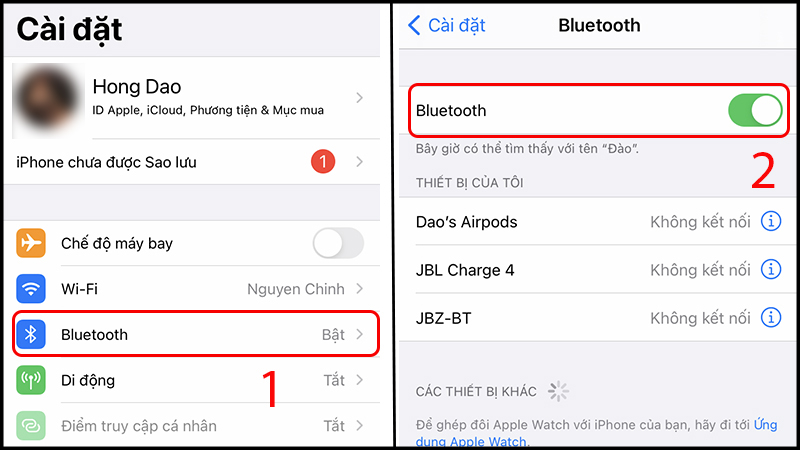 Bật/Tắt Bluetooth trong phần Cài đặt của iPhone
