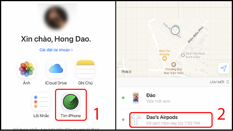 Truy cập vào mục Tìm iPhone, sau đó chọn AirPods của bạn