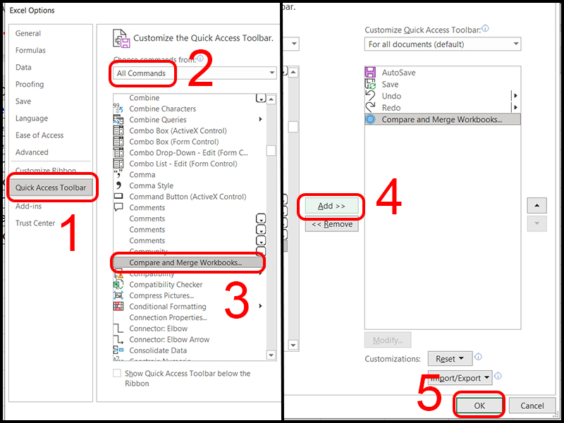 Chọn Compare and Merge Workbooks