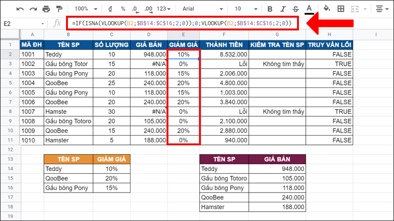 Hàm ISNA kết hợp với hàm IF, VLOOKUP