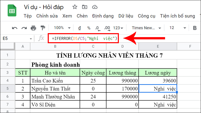 Dùng hàm IFERROR trả về giá trị cột Lương ngày