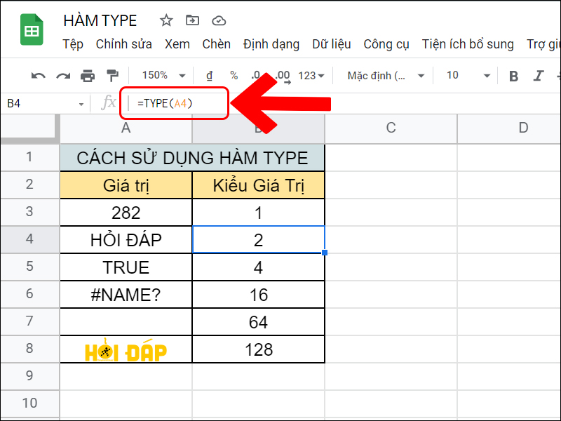 Ví dụ hàm TYPE với kiểu văn bản