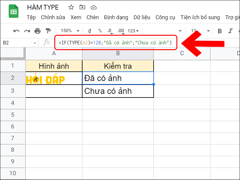 Kết hợp hàm TYPE và hàm IF để kiểm tra trong ô A2 đã có ảnh hay chưa