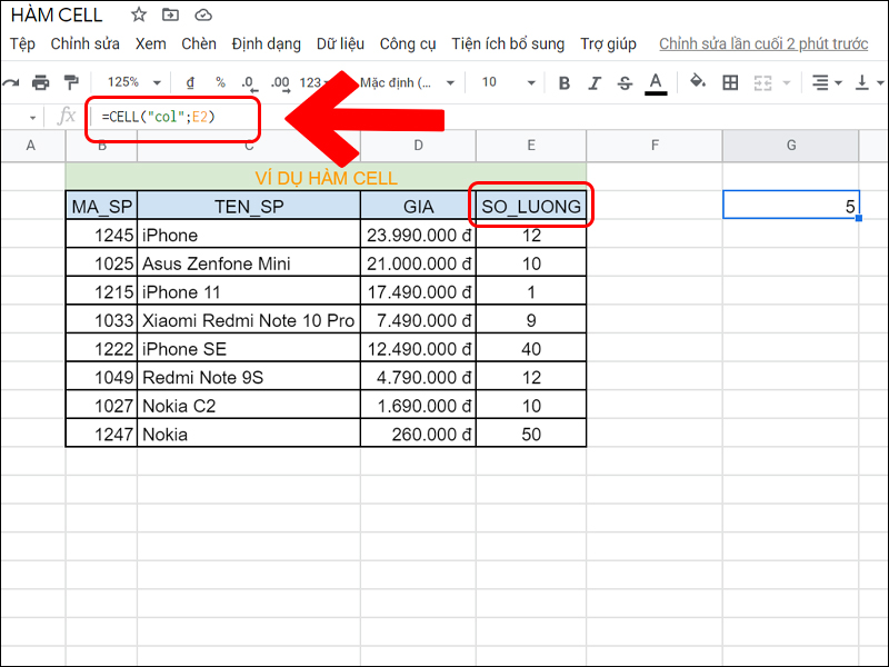 Thứ tự cột của ô E2 là 5