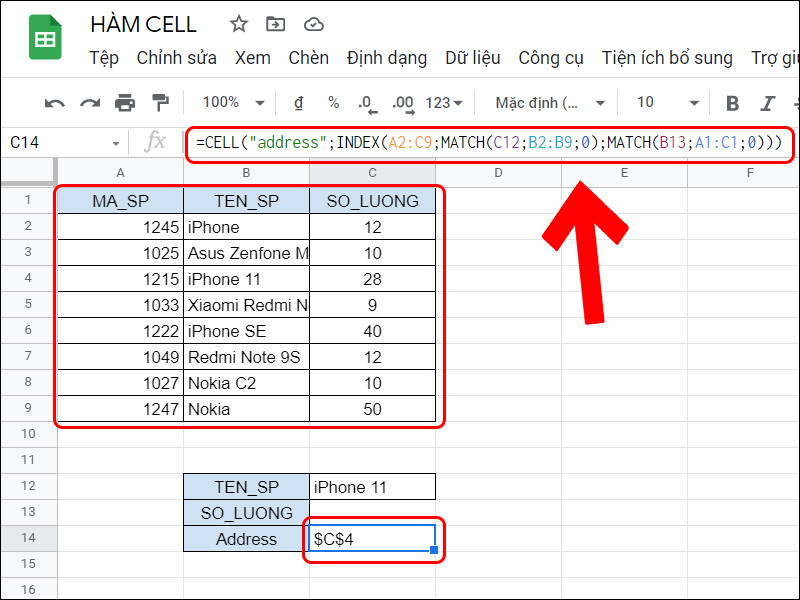 Công thức hàm CELL kết hợp hàm INDEX, MATCH